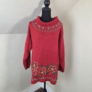 Victoria Jones Red Christmas Beaded Floral Embellished Sweater NWT Size M